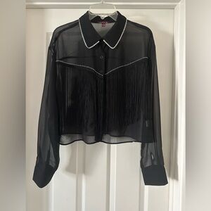 Black Sheer Fringe party blouse. L